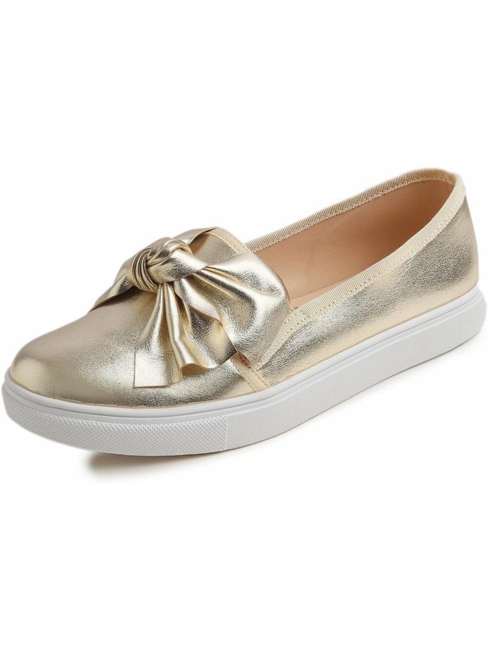 Women's Gold Vegan Leather Casual Slip On Fashion Bow Tie Stylish Loafer Flats